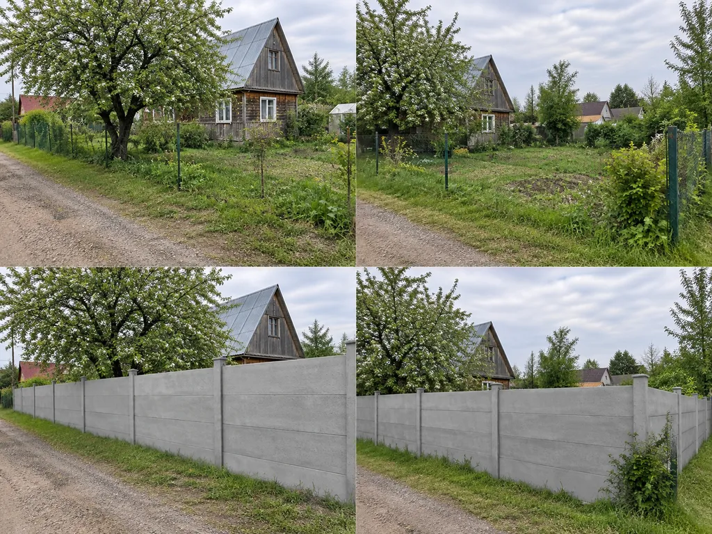 Бетонные заборы из панелей между столбами. Фотореалистичная визуализация